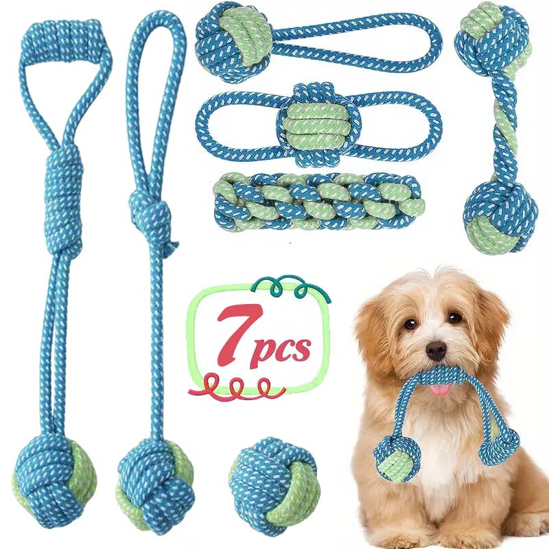 Dog Rope Toy Aggressive Chewers - 7 Buah Mainan Simpul Interaktif Set